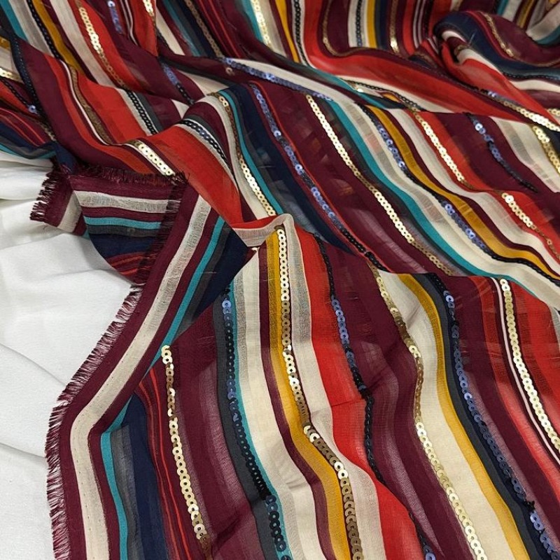 Ethnic Fashion Designers - Tecido de lantejoulas bordado listrado colorido